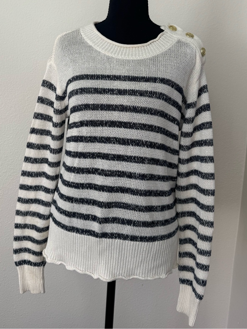 J. Crew White and Black Striped Crewneck Sweater with Shoulder Buttons
